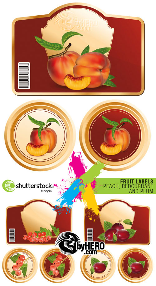Shutterstock - Fruit Labels - Peach, Red-Currant and Plum