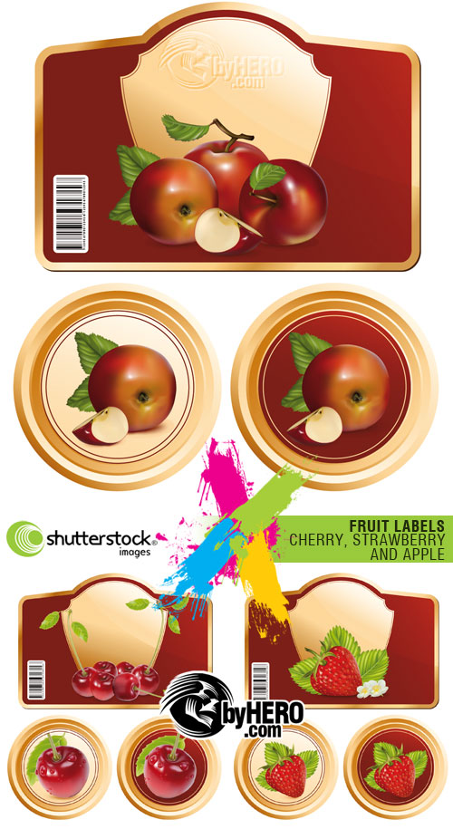 Shutterstock - Fruit Labels - Cherry, Strawberry and Apple 3xEPS
