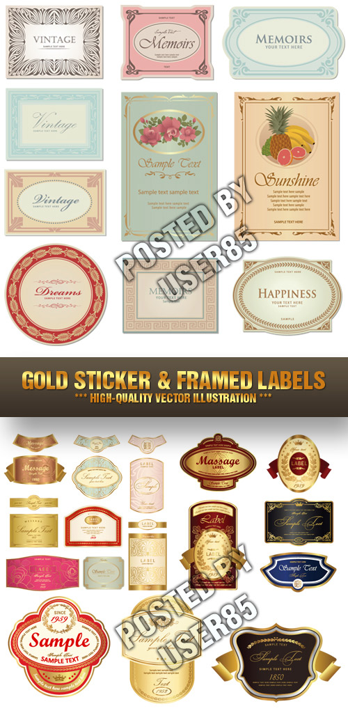 Stock Vector - Gold Sticker & Framed Labels