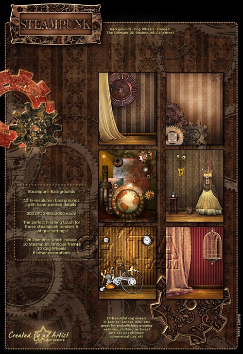 Steampunk HQ Backgrounds and Cog Wheels, Frames and Decorations