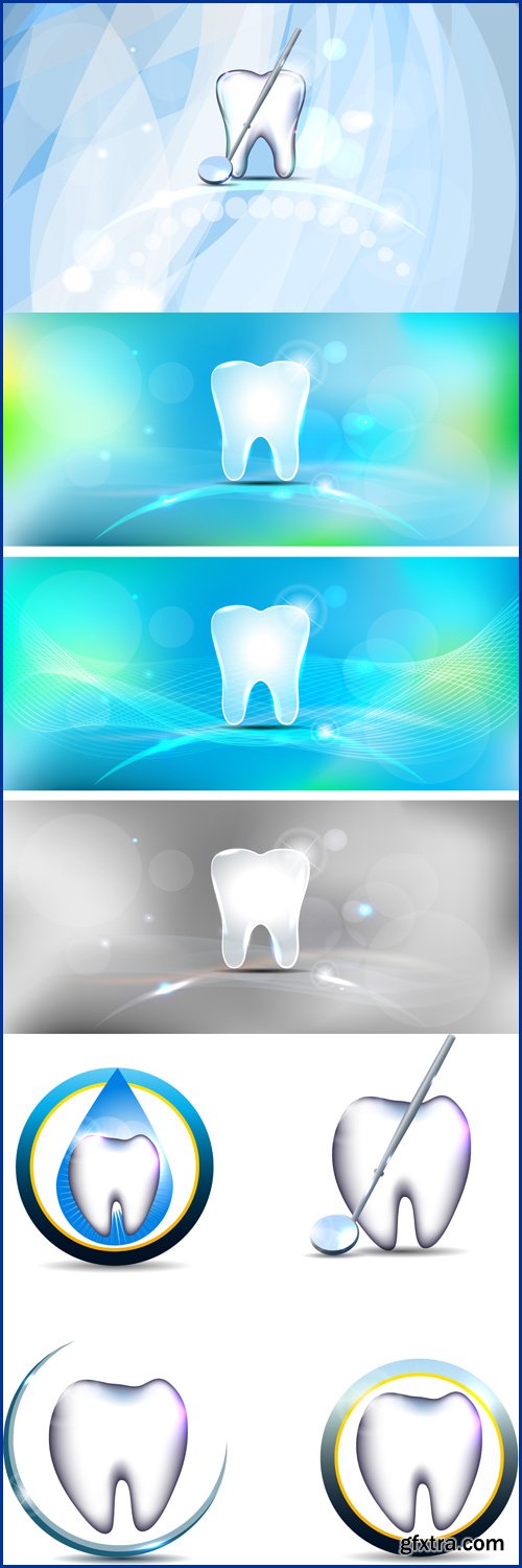 Dental banners, tooth and leaf, healthy teeth symbols, various designs Dental implants - Vektor photo