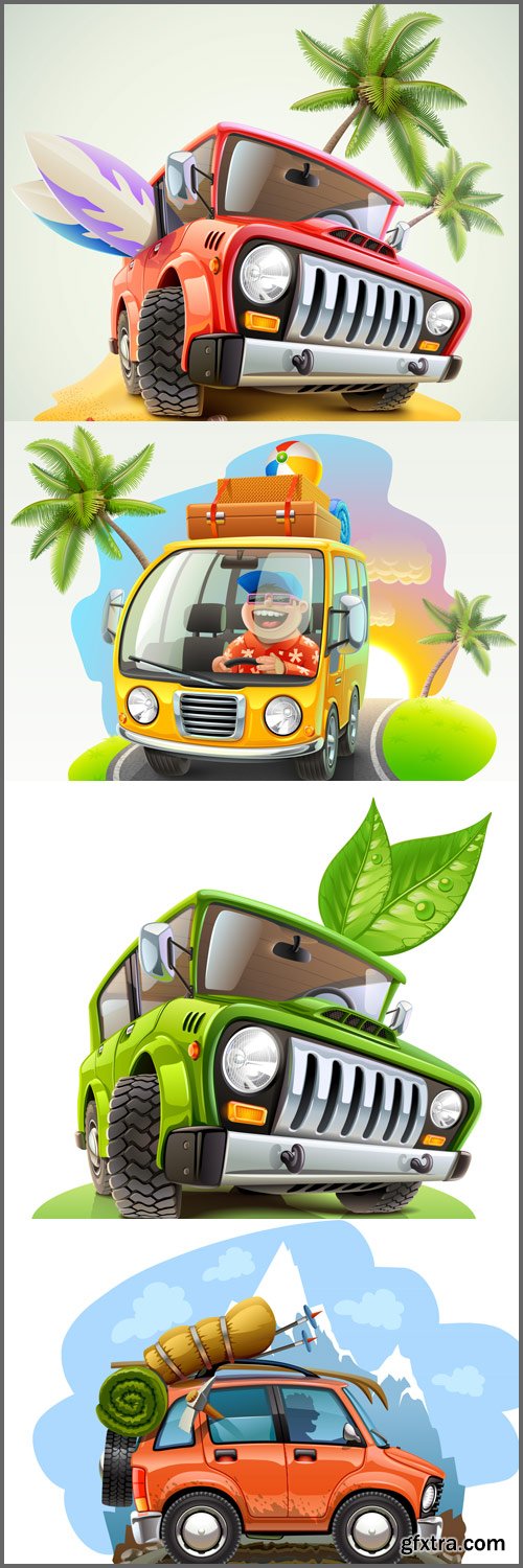 Vector travel car, car with winter travel outfit, summer jeep car on beach with palm, travel car illustration - Vektor photo