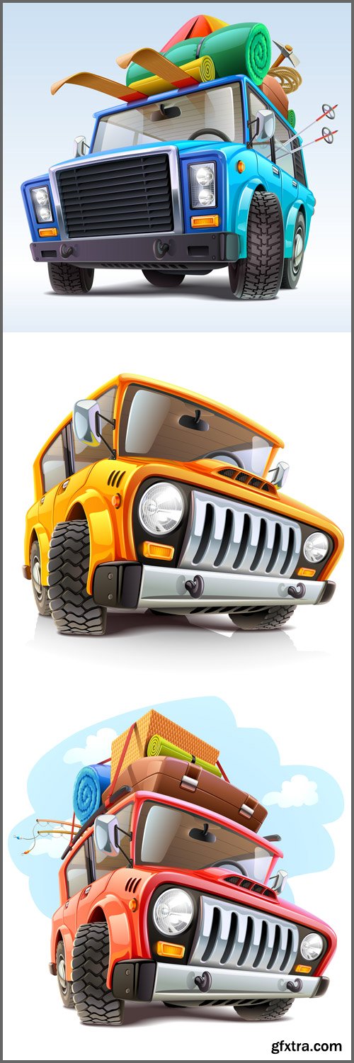 Vector travel car, car with winter travel outfit, summer jeep car on beach with palm, travel car illustration - Vektor photo