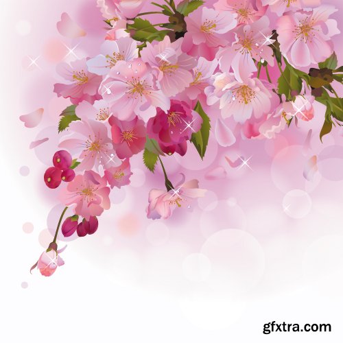 Alphabet with cherry flowers and backgrounds with spring flowers and hummingbirds