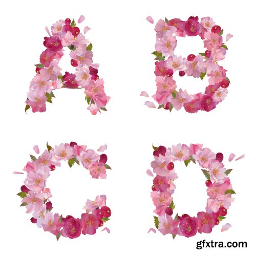 Alphabet with cherry flowers and backgrounds with spring flowers and hummingbirds