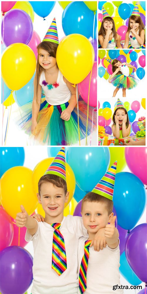 Children's birthday, children with balloons - stock photos