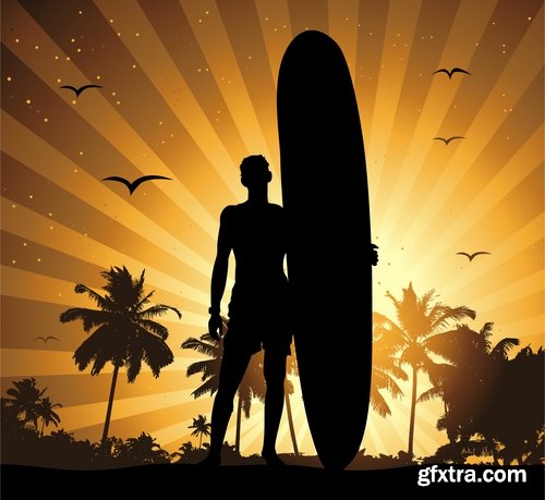 Collection of vector image printing on a T-shirt surfing surfboard 25 Eps