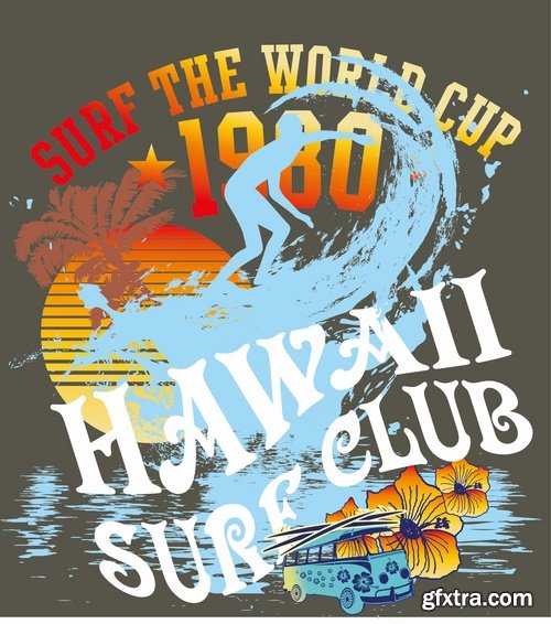 Collection of vector image printing on a T-shirt surfing surfboard 25 Eps