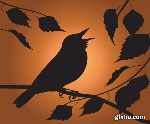 Collection picture vector bird on a branch silhouette cartoon bird heraldry 25 Eps