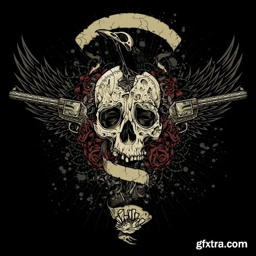 Collection of vector image printing on a T-shirt skull with wings 25 Eps