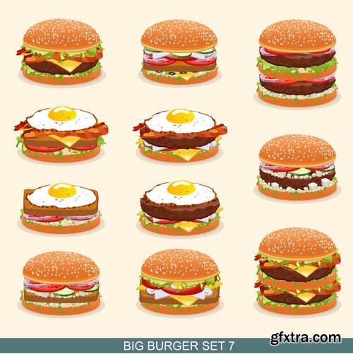 Collection of vector image of fast food hamburger sandwich grilled meat pizza 25 Eps