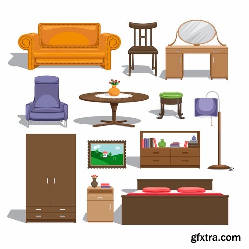 Collection of vector design elements picture icon interior table chair closet dressing table 25 Eps