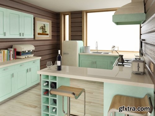 Collection of retro interior kitchen table chair cupboard sink utensils oven 25 HQ Jpeg