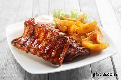 Collection of delicious grilled ribs with meat barbecue grill fire sauce for meat 25 HQ Jpeg