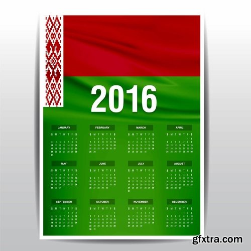 Collection picture vector calendar 2016 against a background of flags of different countries 25 EPS