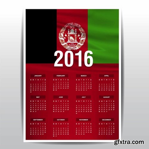 Collection picture vector calendar 2016 against a background of flags of different countries 25 EPS