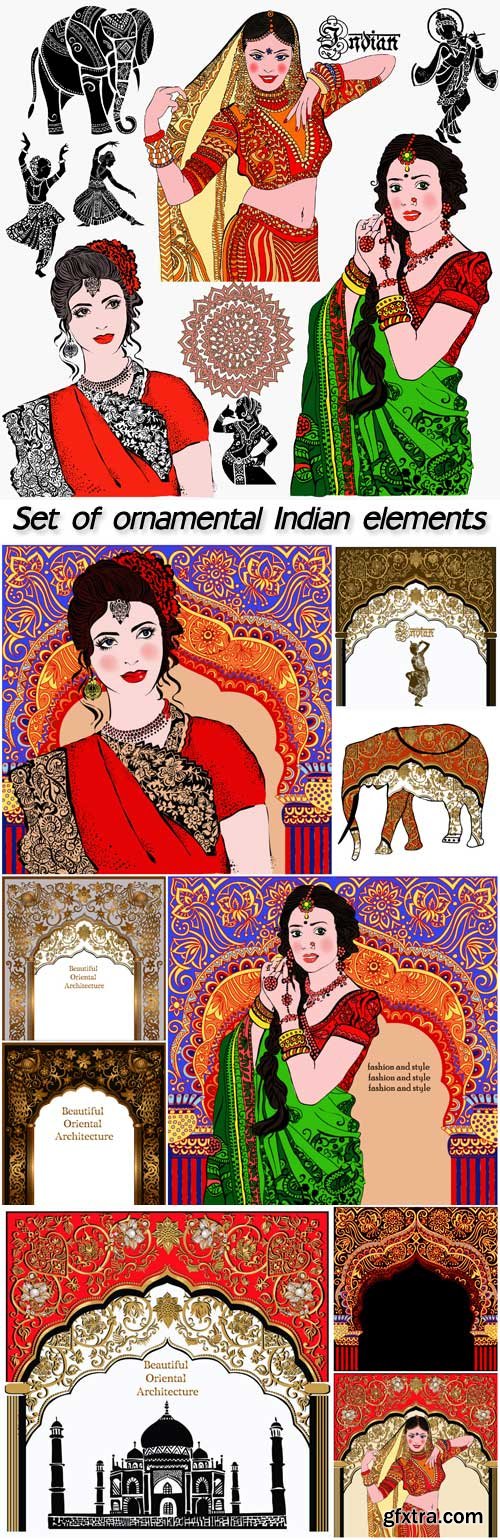 Set of ornamental Indian elements and symbols, indian woman, elephant
