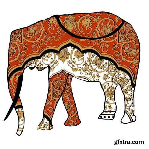 Set of ornamental Indian elements and symbols, indian woman, elephant