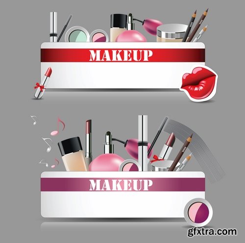 Collection of set of cosmetics a make up powder brush lipstick shade for the face 25 EPS