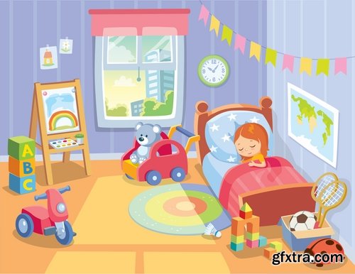 Collection of interior bedroom bed table chair chair icon baby illustration 25 EPS