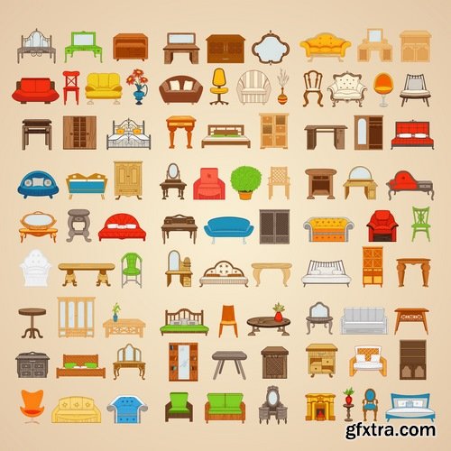 Collection of interior bedroom bed table chair chair icon baby illustration 25 EPS