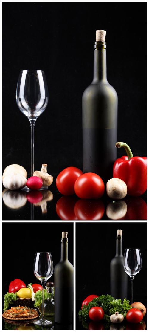 Wine & Vegetables - Wine, wine glass, bottle, vegetables
