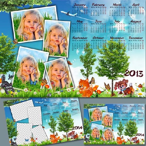 Children's Calendar for 2013 and 2014 - Fun Games puppy and kitten in a clearing