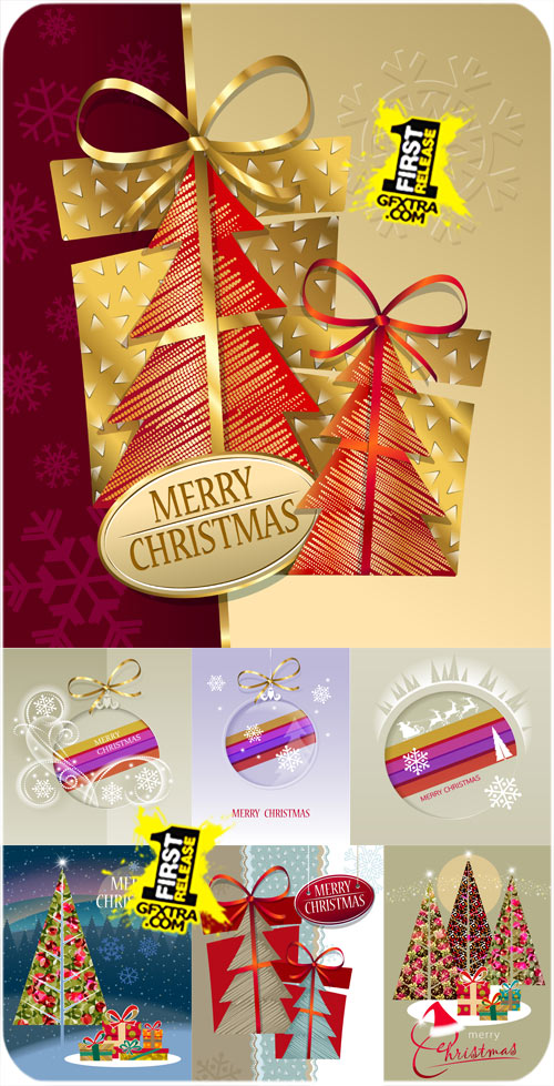 Christmas, christmas trees, gifts and shining balls - vector