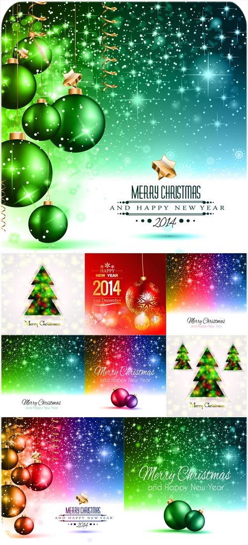 New year 2014 vector background with balls and Christmas trees