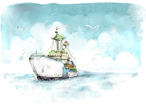 PSD Source - Ship at Sea - Watercolor