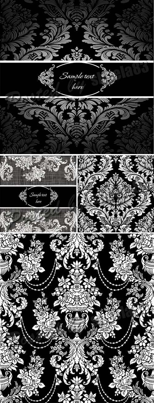 Black White Damask Seamless Patterns Vector